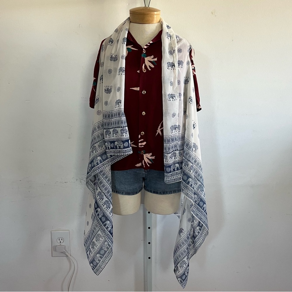 White and Blue Elephant Print Long Vest - One size fits Most